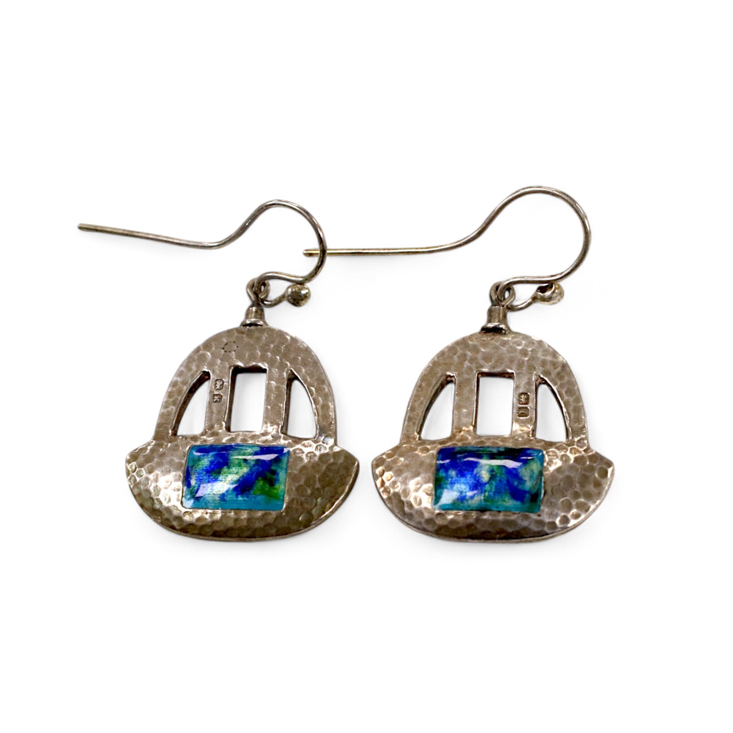 A pair of Edwardian Art Nouveau silver and enamel drop earrings, by Gourdel Vales & Co, Birmingham, 1909, 24mm. Condition - poor(small chip to enamel).